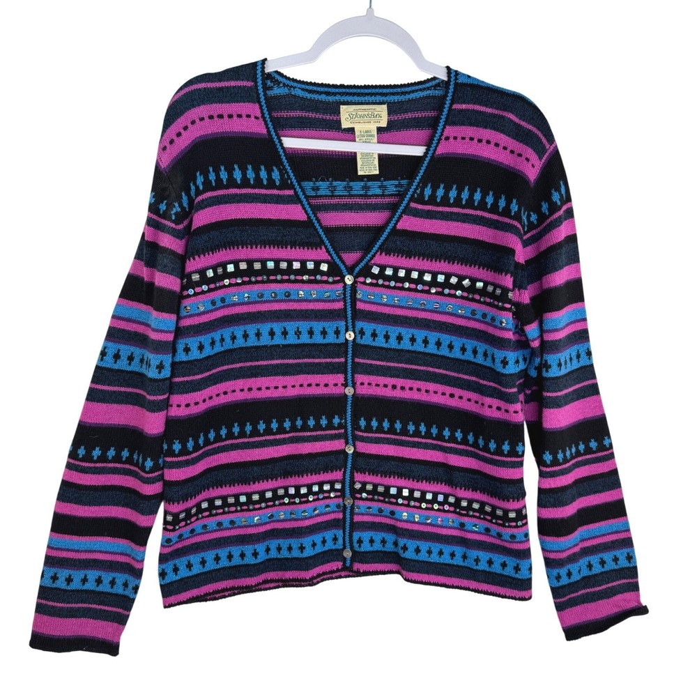 St Johns Bay Vintage Cardigan Sweater XL Pink Blue Sequin Beaded Lambswool Blend